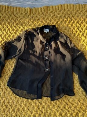 Vintage Mirrors Black Sheer Mesh Shirt Women's Size Large Beaded Buttons Goth 90